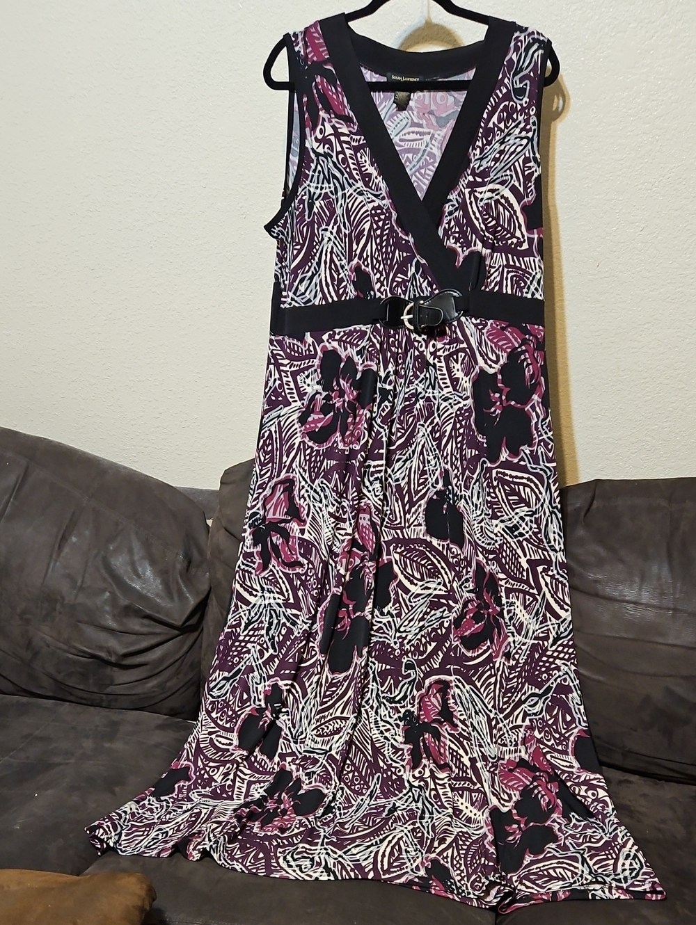 Susan Lawrence Black and Purple Floral Print Maxi Dress with Belt